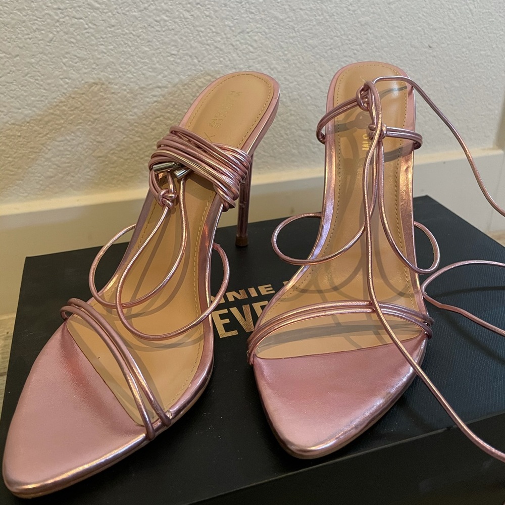 Winnie Harlow for Steve Madden pink metallic heels